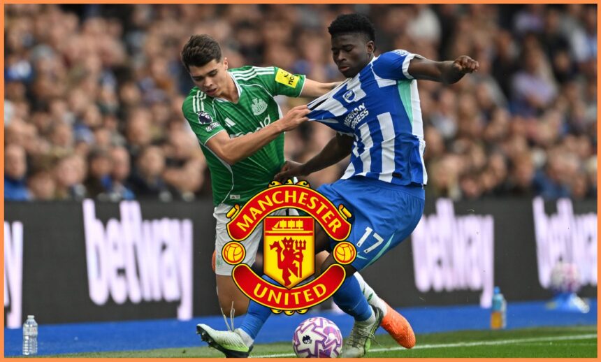 Carlos Baleba in action for Brighton and the Man Utd logo