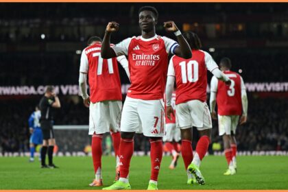 Bukayo Saka celebrates scoring for Arsenal against Brighton