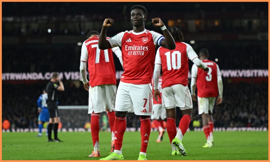Bukayo Saka celebrates scoring for Arsenal against Brighton