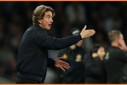 Tottenham manager Thomas Frank gestures during the Wolves game