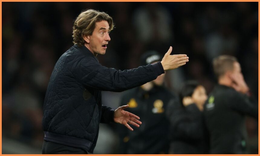 Tottenham manager Thomas Frank gestures during the Wolves game