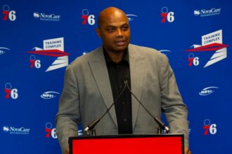 Charles Barkley during an event where the Philadelphia 76ers unveiled a sculpture of him to honor his time with the team.