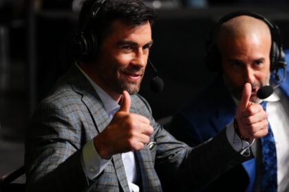 Dominick Cruz reacts while commentating a UFC event at the UFC Apex in Las Vegas
