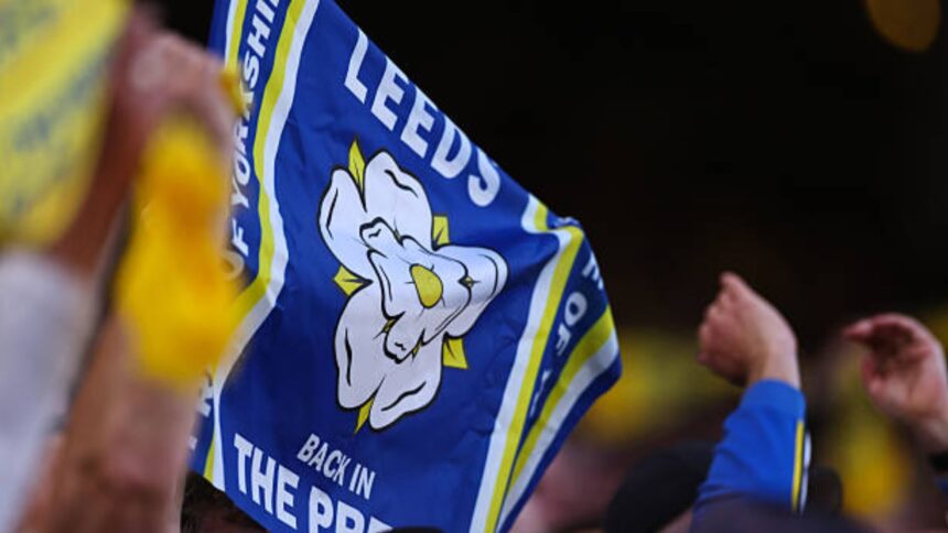 Close up of a Leeds United flag from the stands.