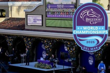 Horse track, post, and jockey for 2-year-old races