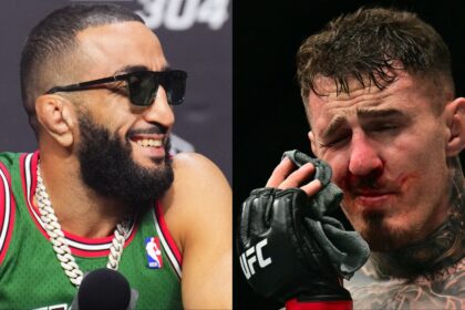 Belal Muhammad appears at the UFC 304 press conference, opposite Tom Aspinall at UFC 321