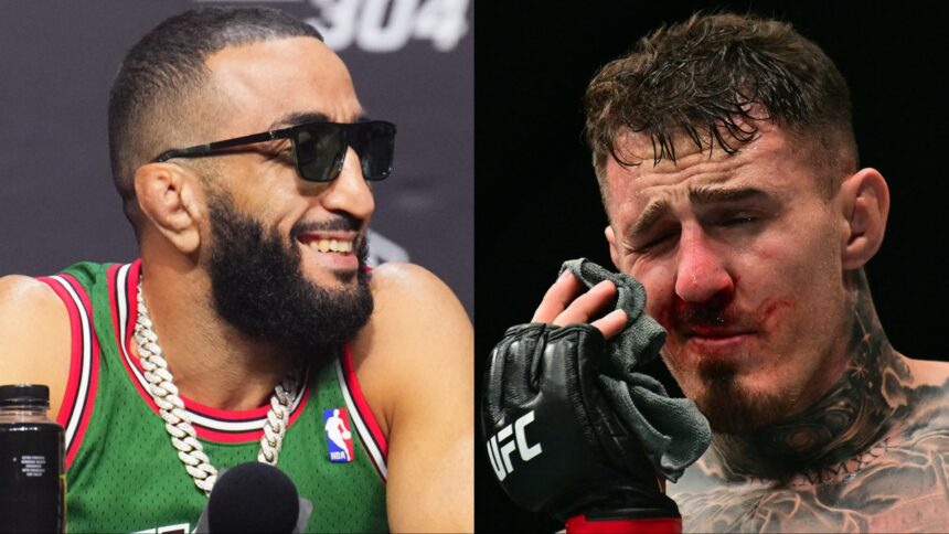 Belal Muhammad appears at the UFC 304 press conference, opposite Tom Aspinall at UFC 321