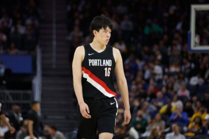 Portland Trail Blazers #16 Jan Hansen takes part in the fourth quarter against the Golden State Warriors at Chase Center.
