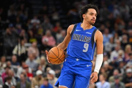 Ryan Nembhard #9 of the Dallas Mavericks plays during the second half of a preseason game against the Utah Jazz at Delta Center on October 13, 2025 in Salt Lake City, Utah.