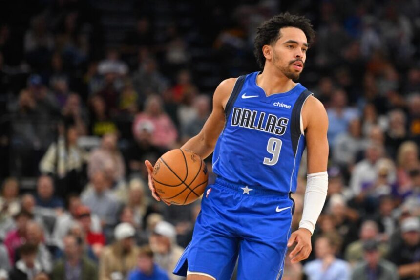 Ryan Nembhard #9 of the Dallas Mavericks plays during the second half of a preseason game against the Utah Jazz at Delta Center on October 13, 2025 in Salt Lake City, Utah.