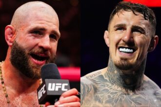 Jiri Prochazka speaks after a win at UFC 320, opposite Tom Aspinall in the cage at UFC 321