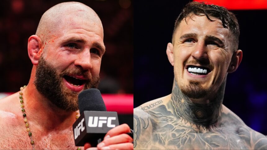 Jiri Prochazka speaks after a win at UFC 320, opposite Tom Aspinall in the cage at UFC 321