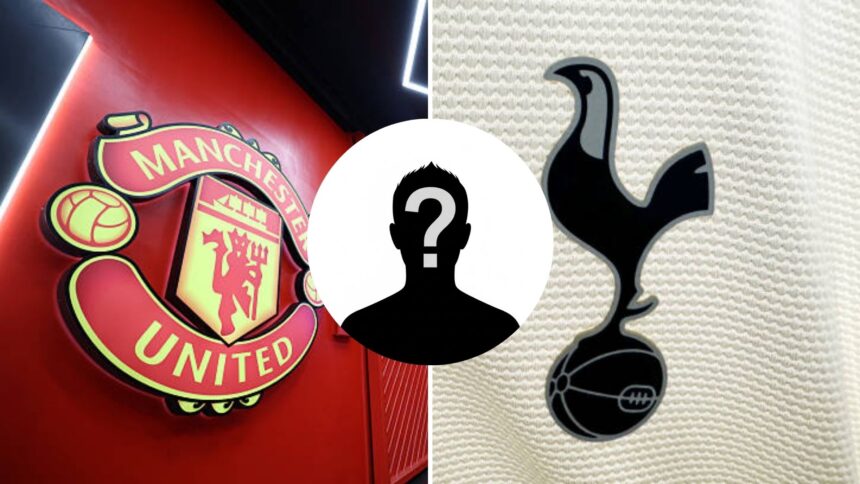 Split image of Tottenham badge and Man United badge with overlay of mystery player