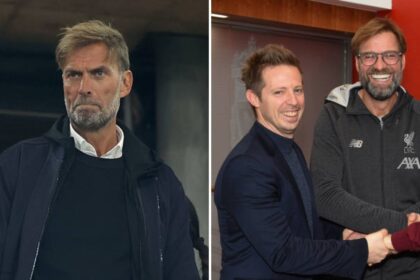 Split image of Jurgen Klopp and Michael Edwards meeting Klopp in his early days at Liverpool