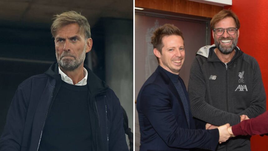 Split image of Jurgen Klopp and Michael Edwards meeting Klopp in his early days at Liverpool