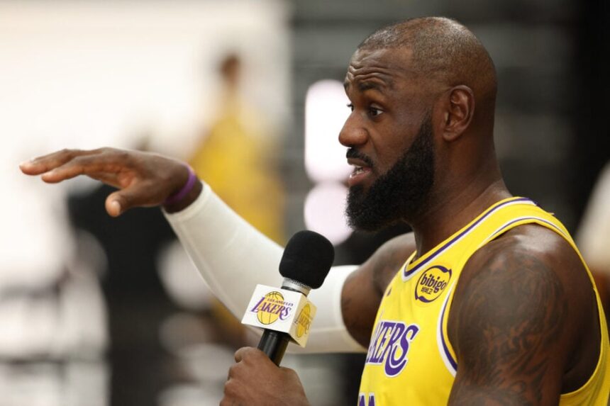 American basketball player LeBron James speaks to reporters at the Los Angeles Lakers' media day at the UCLA Health Training Center.