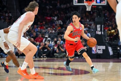 #8 Yuki Kawamura of the Chicago Bulls brings the ball into the court during the fourth quarter of a preseason game against the Cleveland Cavaliers at Rocket Arena on October 7, 2025 in Cleveland, Ohio.