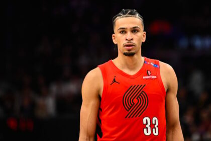 Toumani Kamara #33 of the Portland Trail Blazers watches the second half of the game against the Utah Jazz at Delta Center.