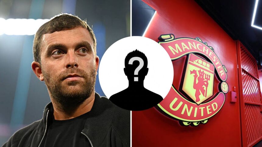 Split image of Fabrizio Romano and Manchester United badge with overlay of mystery player