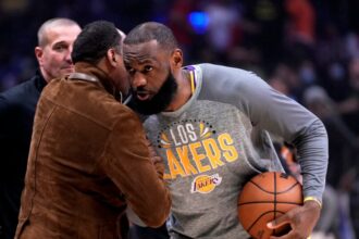 #6 LeBron James of the Los Angeles Lakers greets ESPN's Stephen A. Smith before an NBA basketball game against the Los Angeles Clippers at Crypto.com Arena on Thursday, March 3, 2022 in Los Angeles.