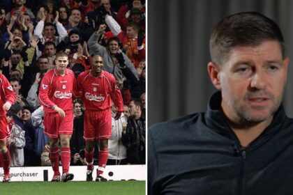Split image of Steven Gerrard celebrating goal with Anelka and Steven Gerrard during interview with Rio Ferdinand