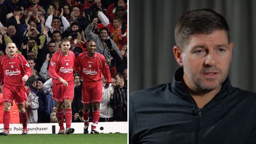 Split image of Steven Gerrard celebrating goal with Anelka and Steven Gerrard during interview with Rio Ferdinand