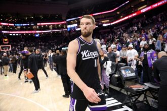Sacramento Kings star center Domantas Sabonis left the court after a blowout loss in the 2025 play-in tournament.