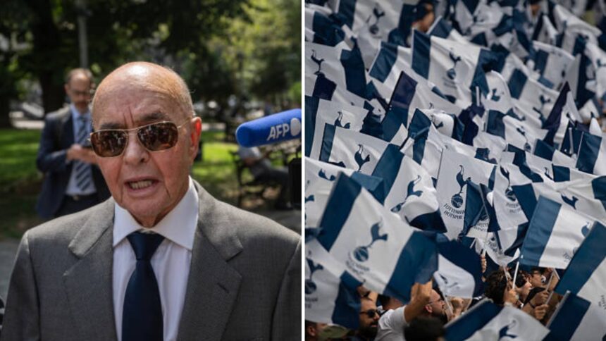 Split image of Tottenham owner Joe Lewis and Tottenham supporters waving flags