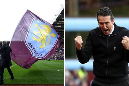 Split image of Aston Villa flag and Unai Emery