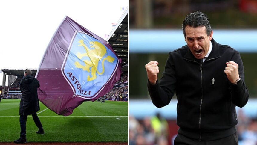 Split image of Aston Villa flag and Unai Emery