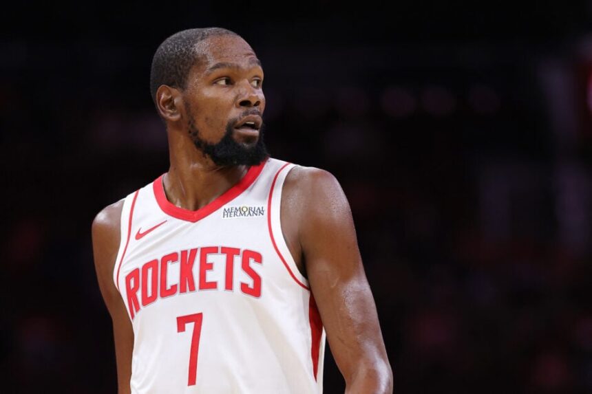 Houston Rockets No. 7 Kevin Durant watches the first half of the preseason game against the Utah Jazz at Toyota Center.