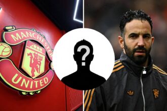 Split image of Manchester United club badge on display inside the stadium and Ruben Amorim with overlay of mystery player.