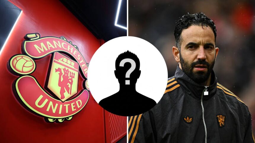 Split image of Manchester United club badge on display inside the stadium and Ruben Amorim with overlay of mystery player.