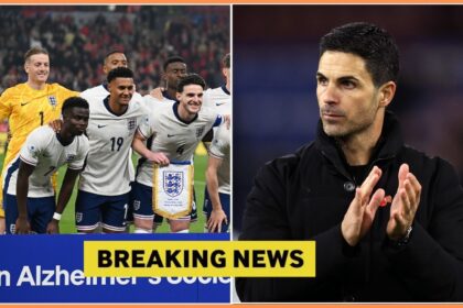 England players lining up, and Mikel Arteta