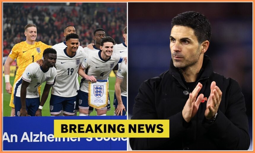 England players lining up, and Mikel Arteta