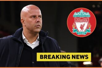 Arne Slot looks on, plus Liverpool logo and