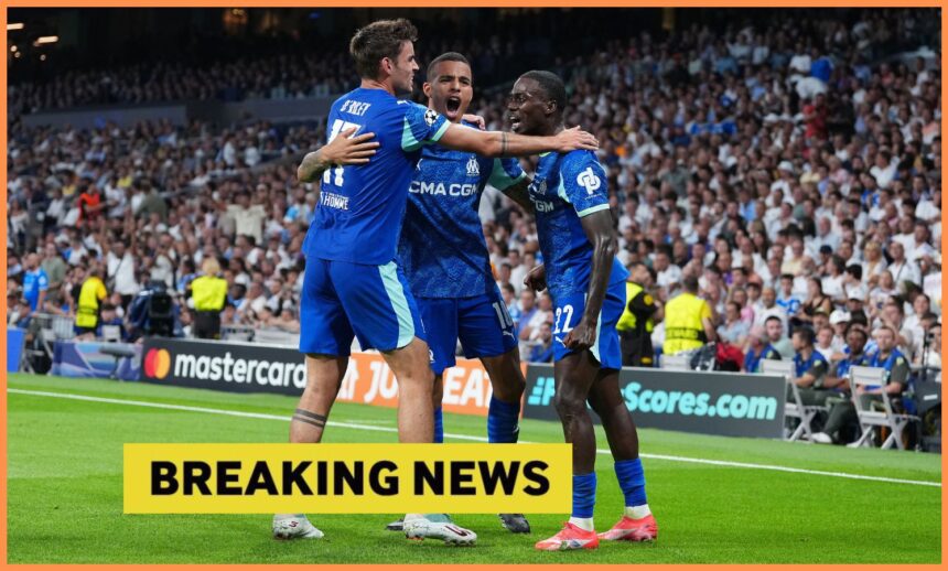 Mason Greenwood celebrates with his Marseille teammates