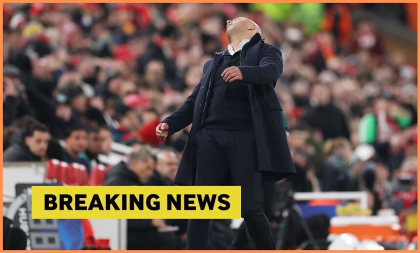 Arne Slot reacts during Liverpool vs PSV