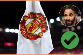 Man United logo on corner flag, and Ruben Amorim