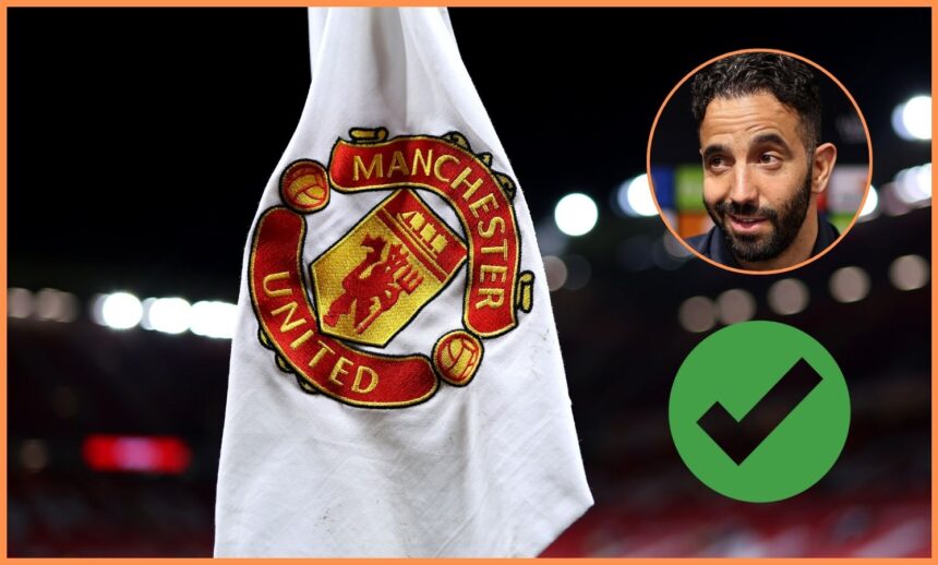 Man United logo on corner flag, and Ruben Amorim