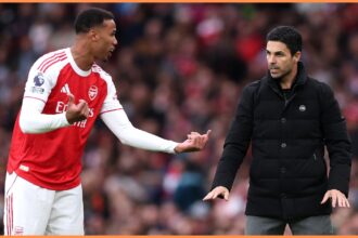 Arsenal defender Gabriel Magalhaes and manager Mikel Arteta