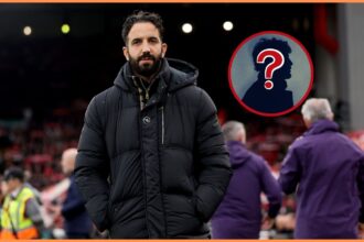 Man United manager Ruben Amorim looks on