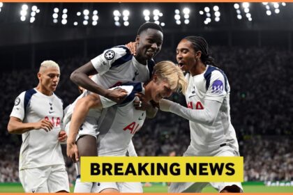 Lucas Bergvall celebrates with his Tottenham teammates