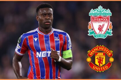 Marc Guehi alongside Liverpool and Manchester United club badges