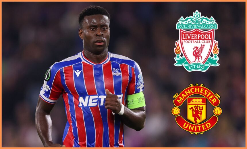 Marc Guehi alongside Liverpool and Manchester United club badges