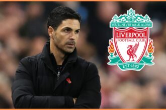 Arsenal manager Mikel Arteta and the Liverpool FC logo