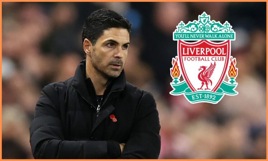 Arsenal manager Mikel Arteta and the Liverpool FC logo