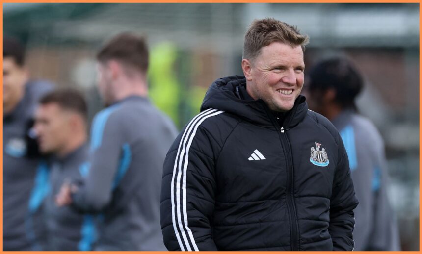 Newcastle United manager Eddie Howe smiles during training