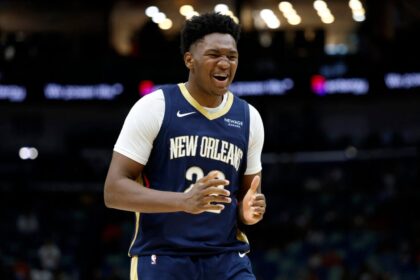 Derrick Queen #22 of the New Orleans Pelicans reacts during the second half of the game against the Denver Nuggets at Smoothie King Center.