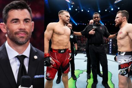 Dominick Cruz cageside at UFC 315, opposite Petr Yan and Merab Dvalishvili in the Octagon